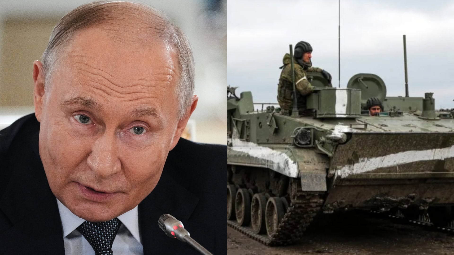 Na snímke Putin a vojenský tank.