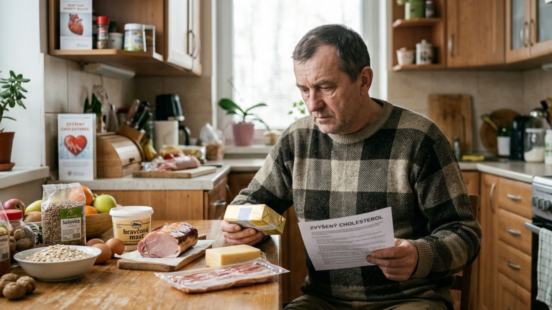 Na snímke muž, ktorý má zvýšený cholesterol.