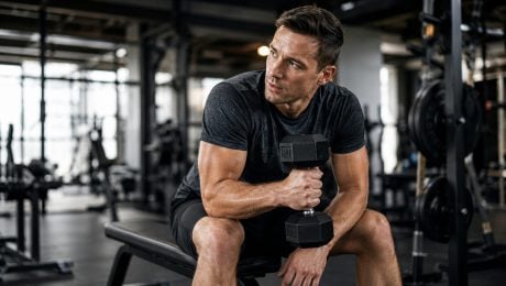 Sústredený muž vo fitness centre sedí na lavičke s činkou v ruke a premýšľa nad tréningom