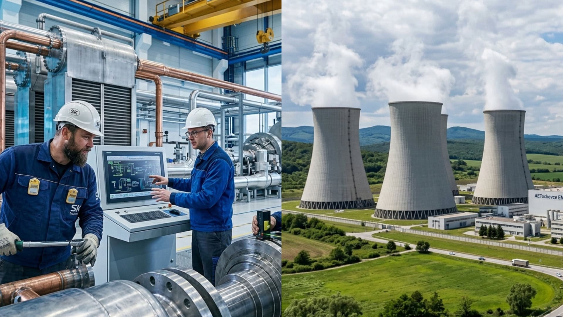 na snimke je jadrova elektraren, pracovnici, technologie, automobilky