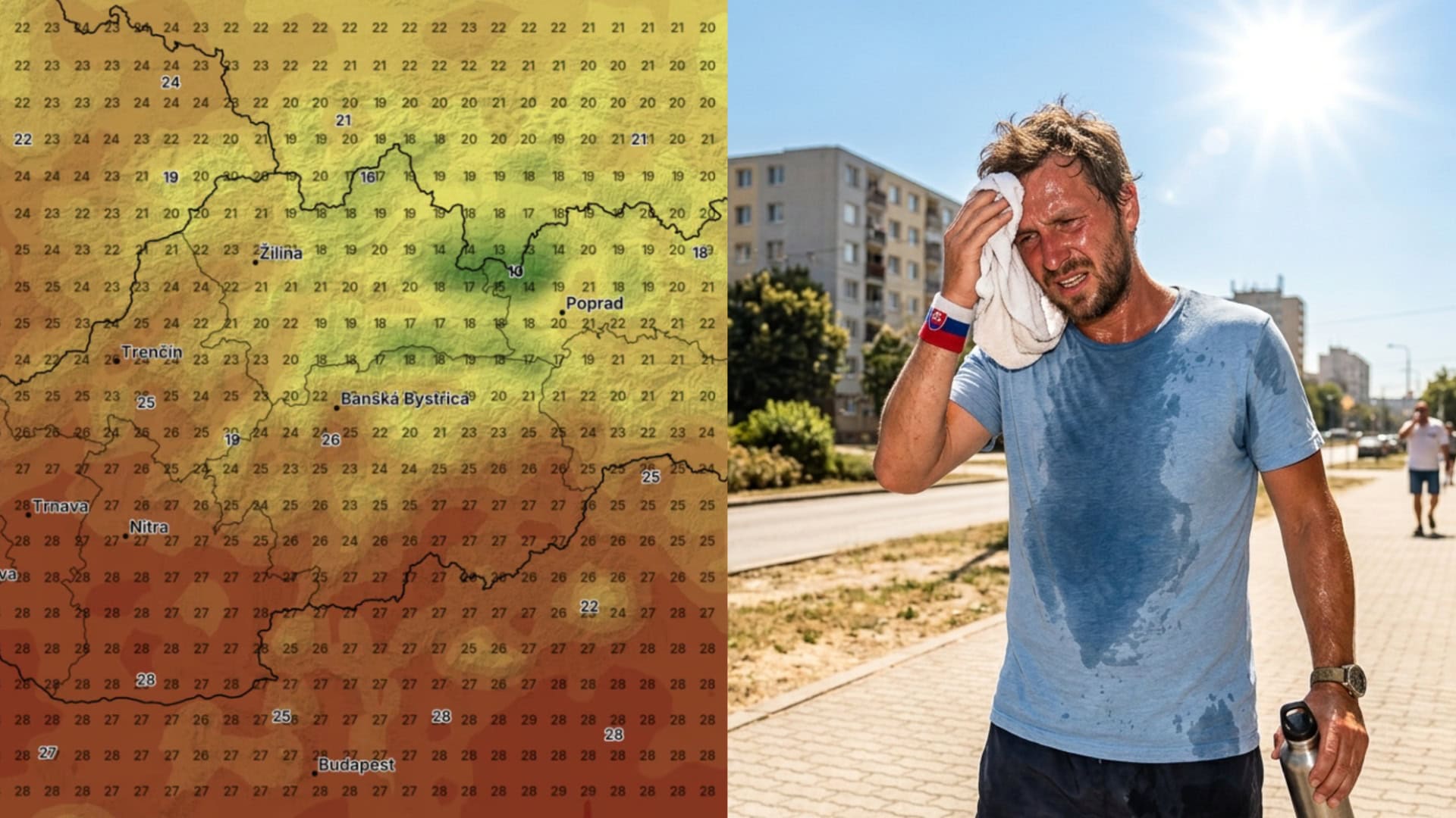 Na snímkach graf teploty a muž, ktorému je teplo.
