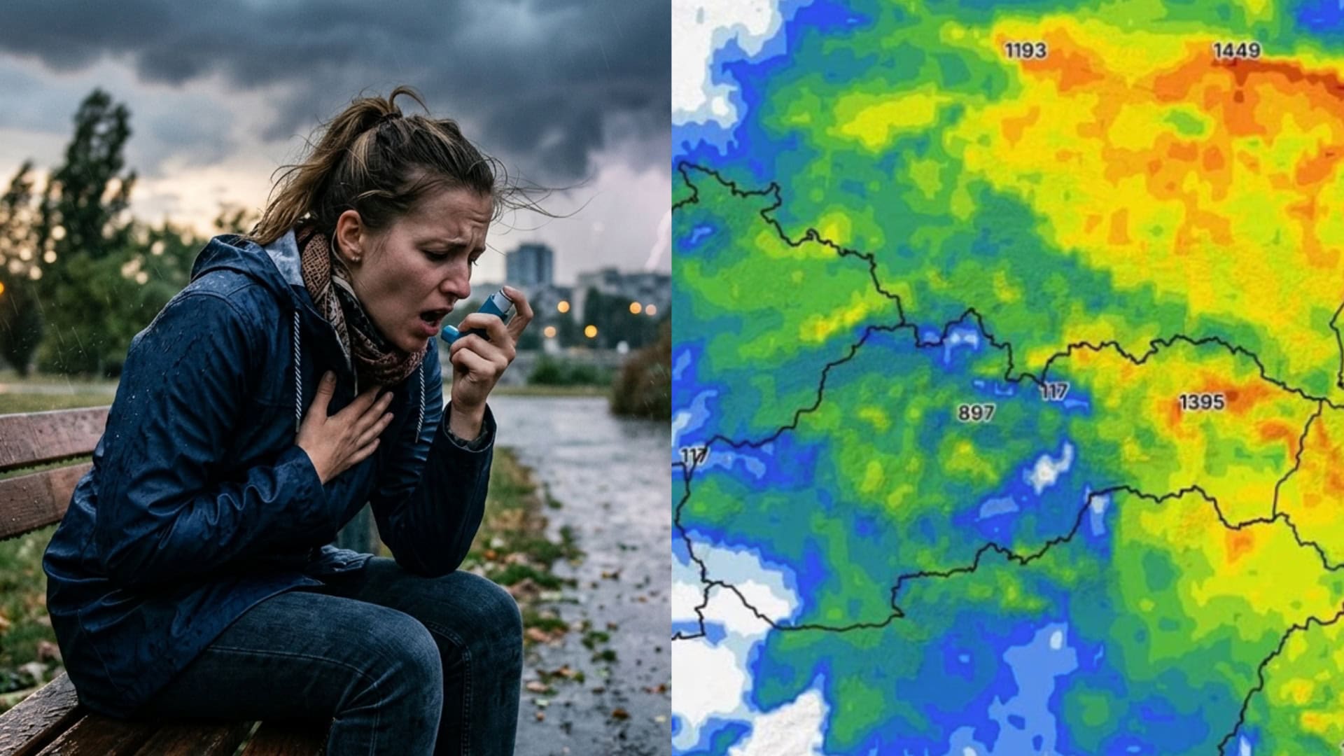 Na snímke žena s astmou a mapa búrok (Ilustračná foto)