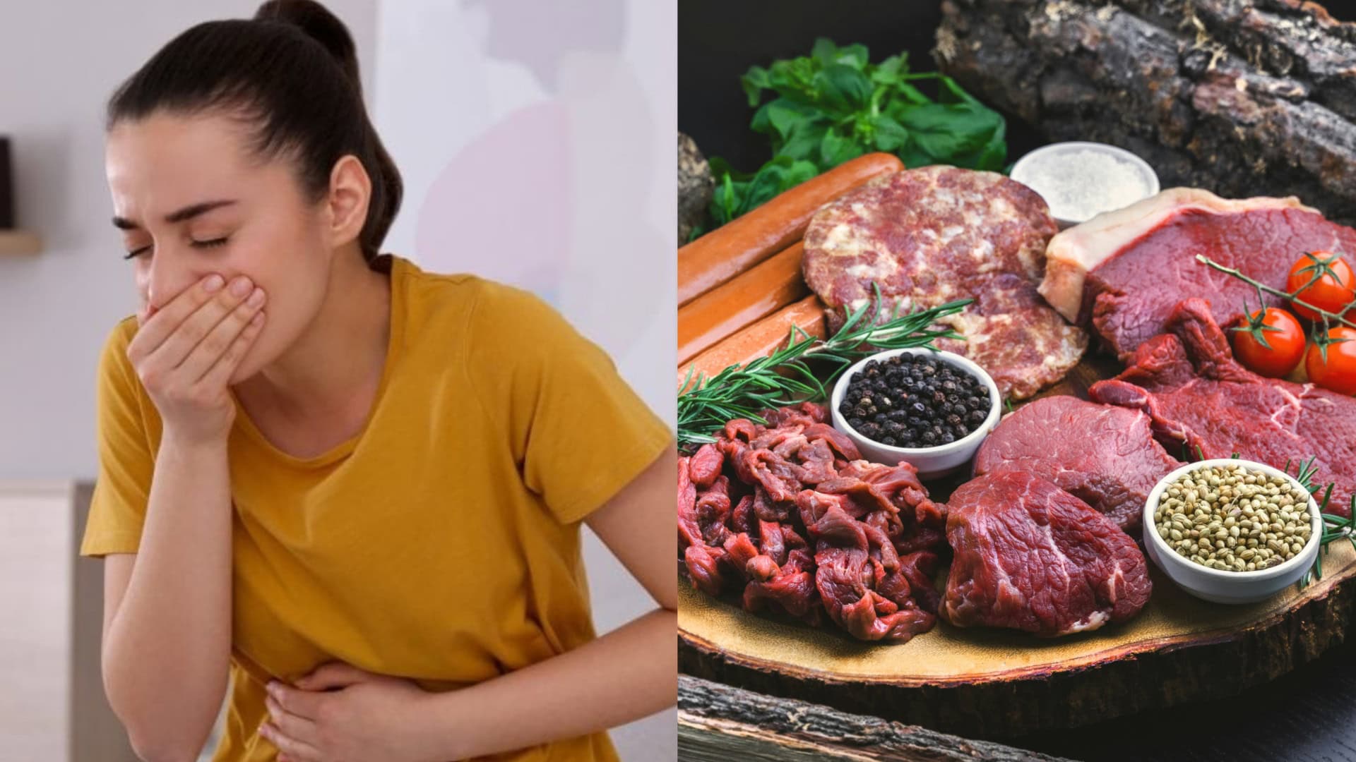 Na snímkach žena, ktorá sa necíti dobre a mäso