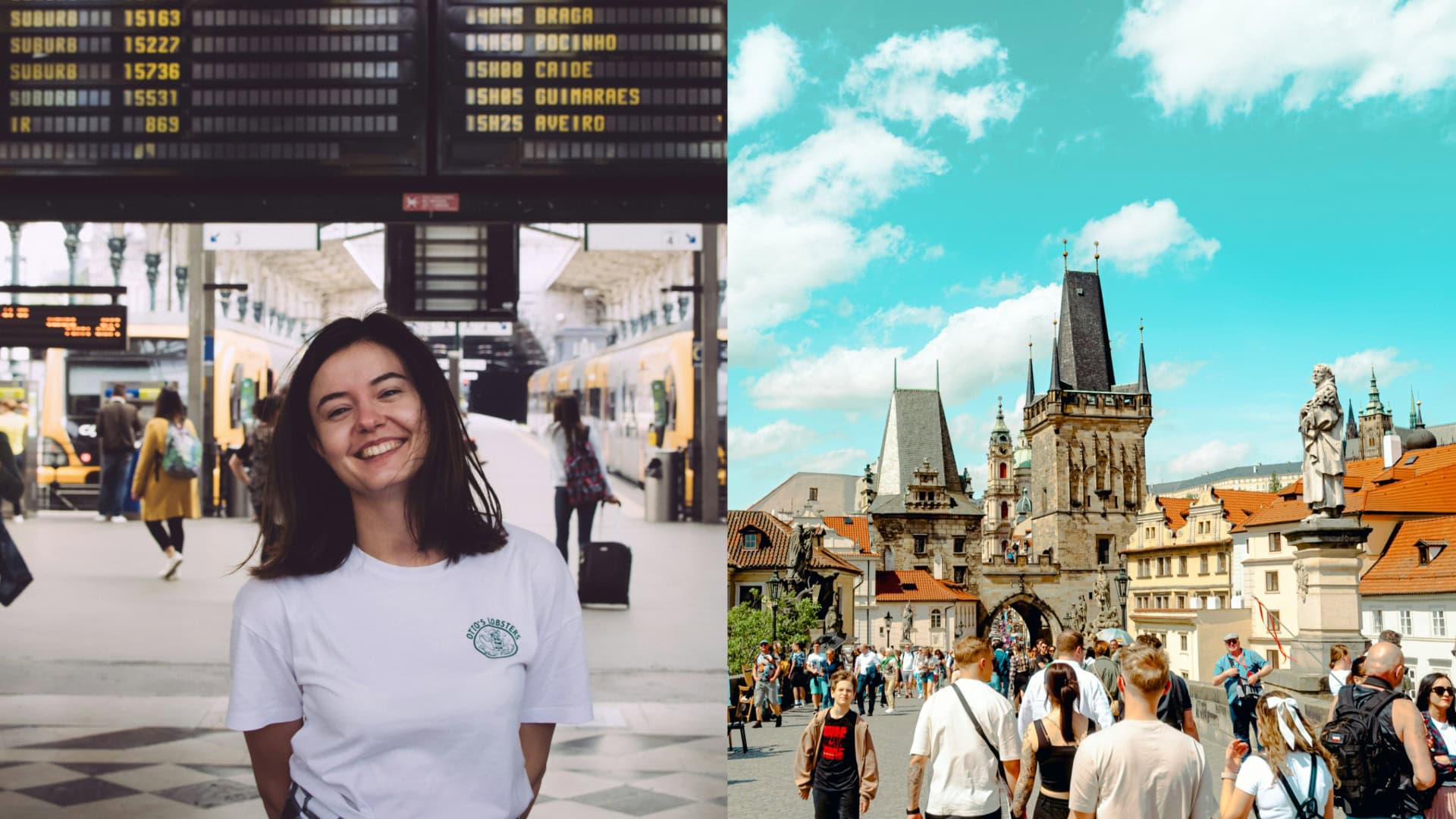 Na snímkach žena na letisku a Praha