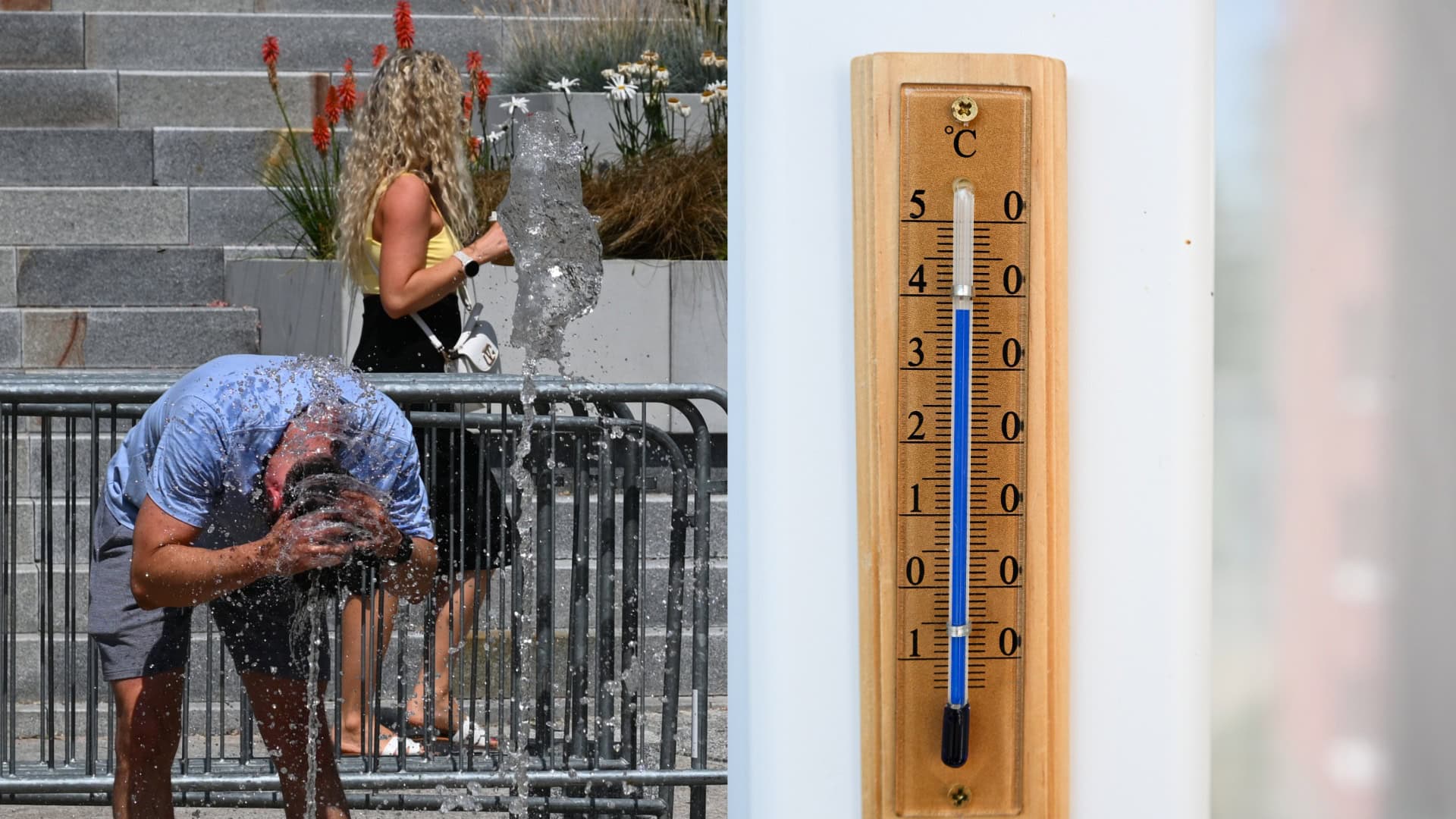 Na snímke muž sa ochladzuje vo fontáne počas horúčavy a teplomer