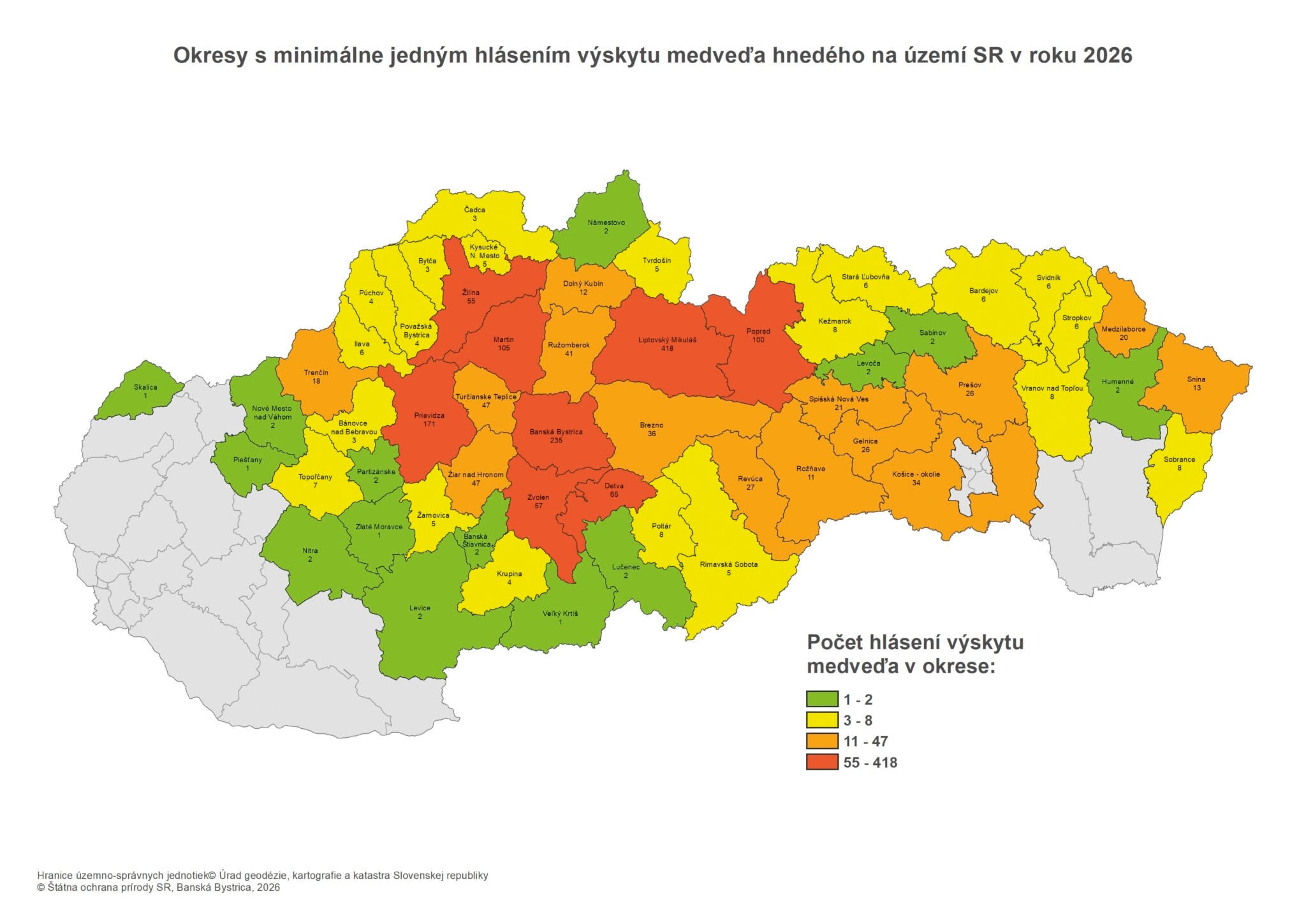 Mapa Hlásenia výskytu medveďa hnedého k 17. augustu 2026