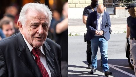 Na snímke expremiér Vladimír Mečiar a šéf agentúrty Roko Peter Kuba v rukách polície