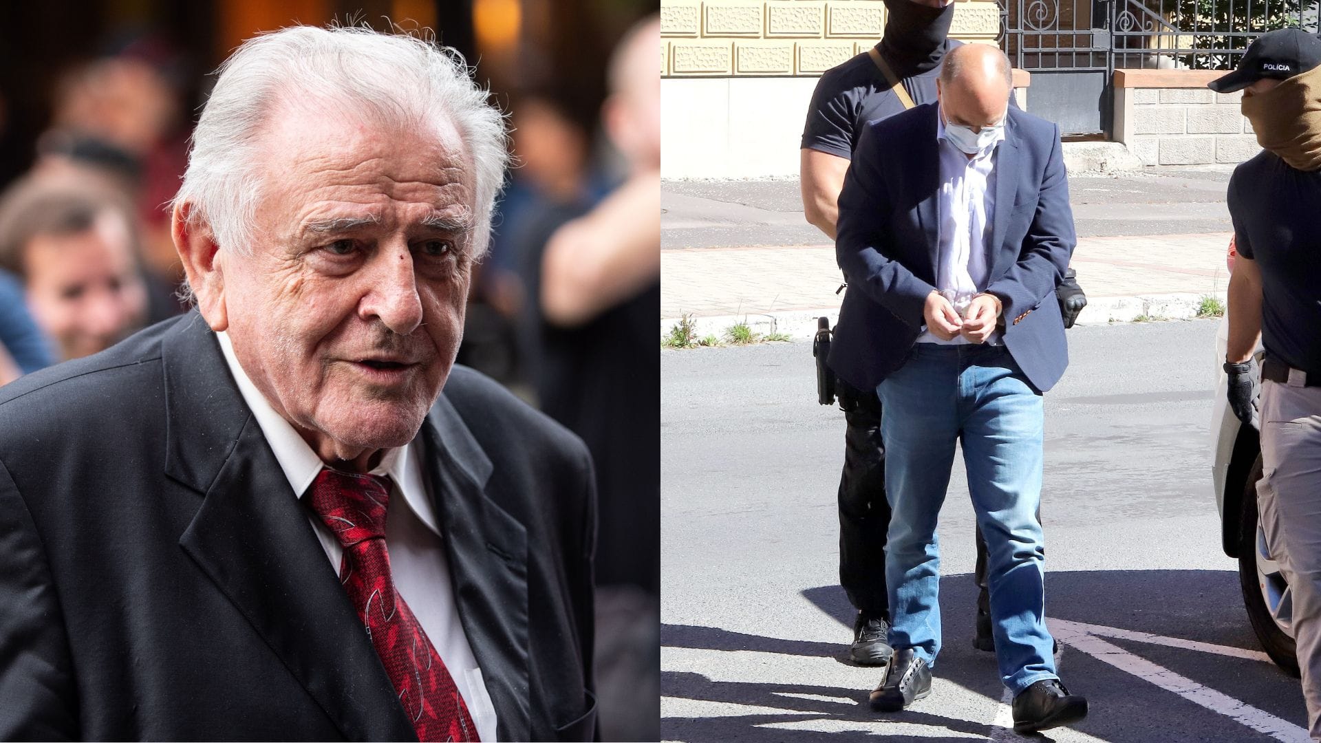 Na snímke expremiér Vladimír Mečiar a šéf agentúrty Roko Peter Kuba v rukách polície