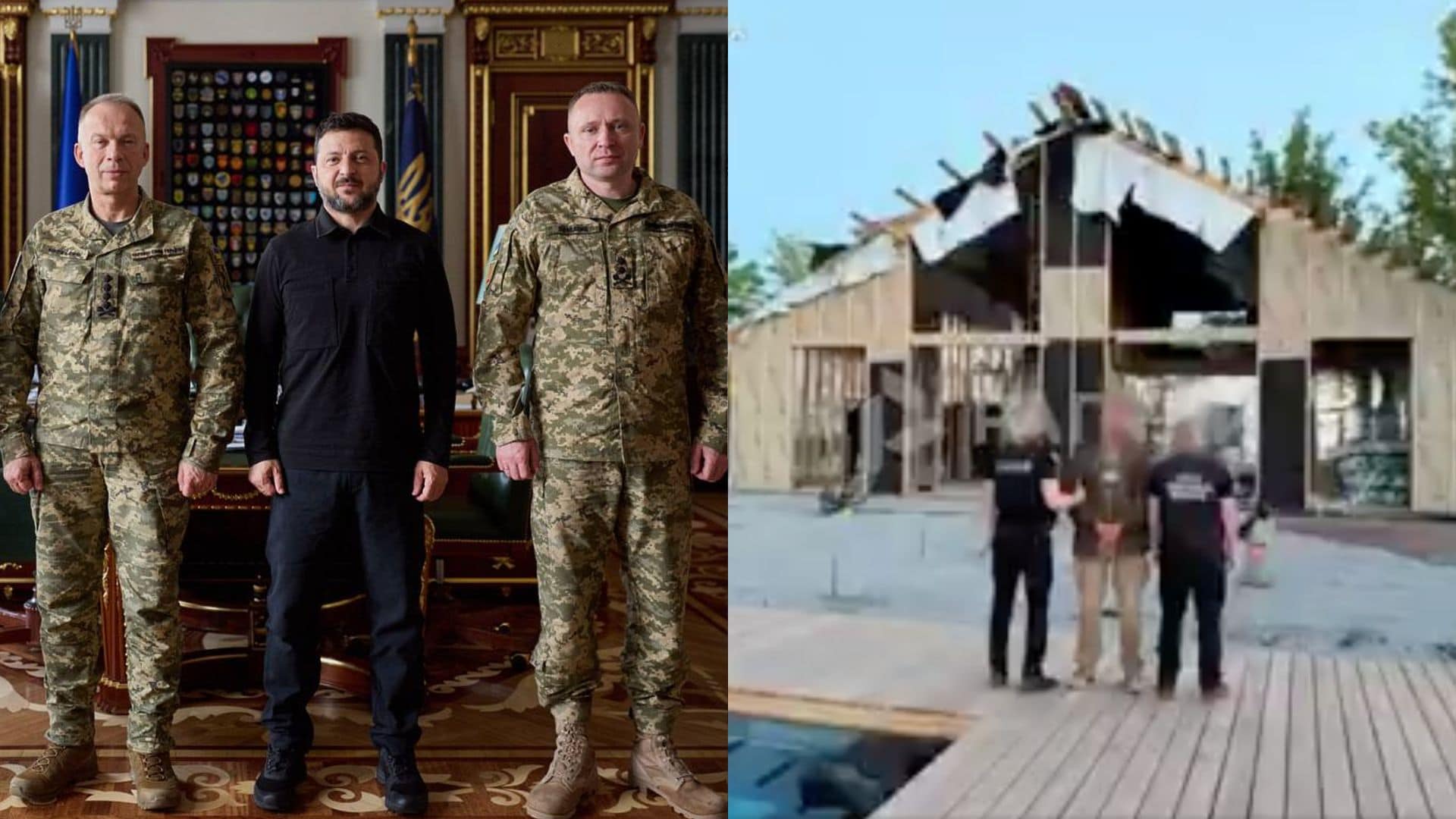 Bývalý hlavný veliteľ ukrajinských ozbrojených síl Olexander Syrskyj, ukrajinský prezident Volodymyr Zelenskyj a nový hlavný veliteľ ukrajinských ozbrojených síl Mychajlo Drapatyj počas stretnutia v Kyjeve 22. júla 2026. Na druhej fotografia vily na Ukrajine