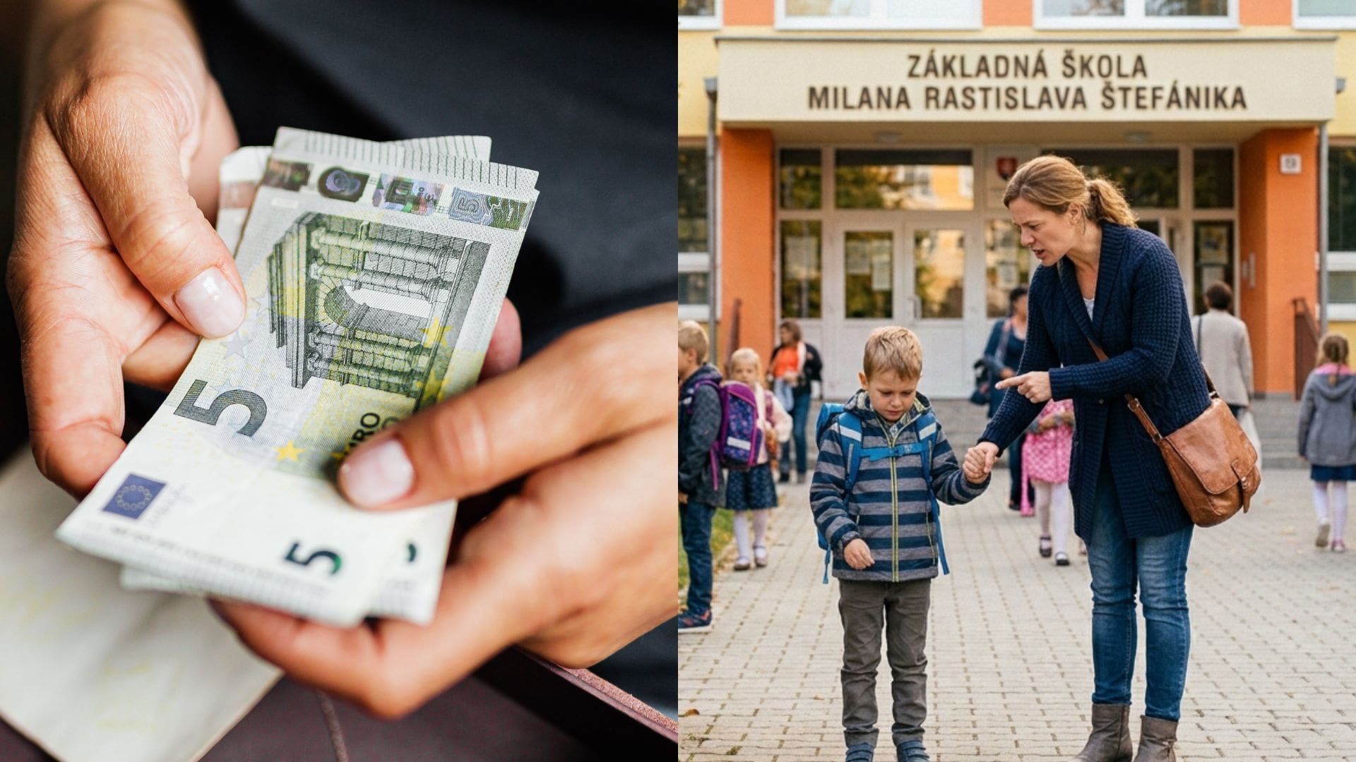 na snimke je pridavok, skolak, skola, peniaze, rodic