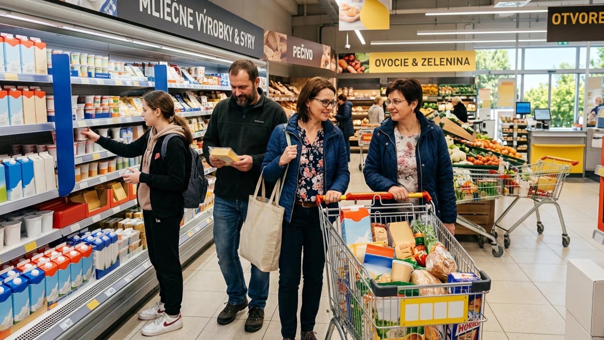 na snimke su potraviny, supermarket, obchod