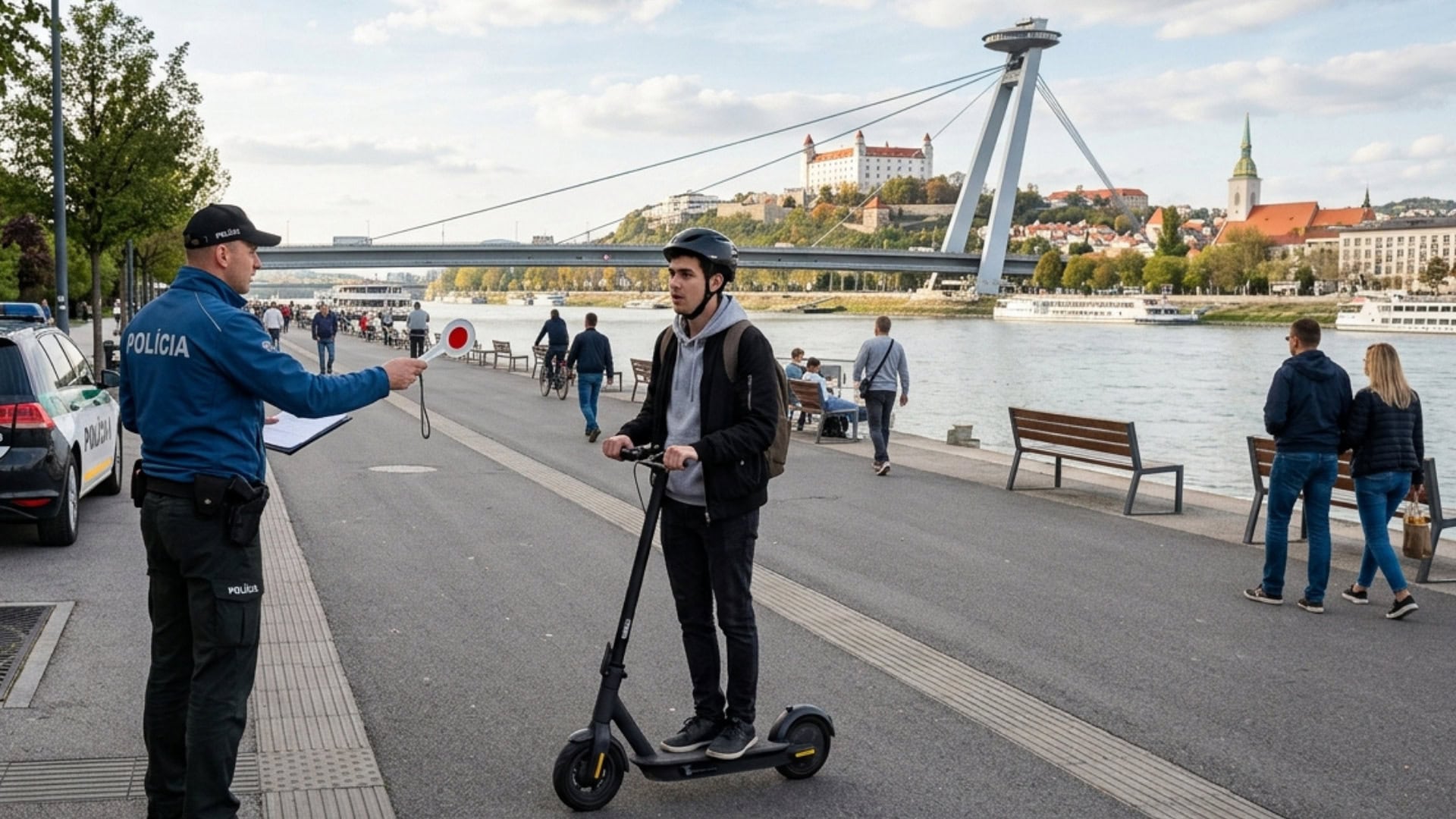 na snimke je kolobezka, policajt, kolobežkar