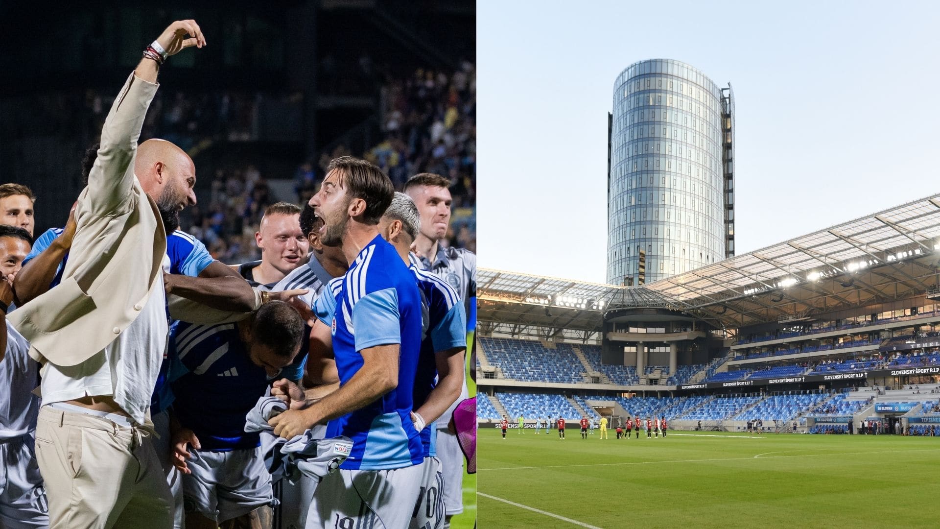 Na snímke Slovan oslavujúci postup do ligovej fázy Ligy majstrov v Celje a domáci štadión Tehelné pole