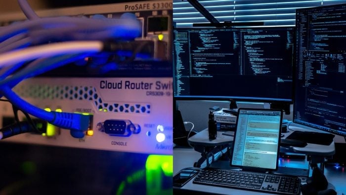Na snímkach router a počítačová technika