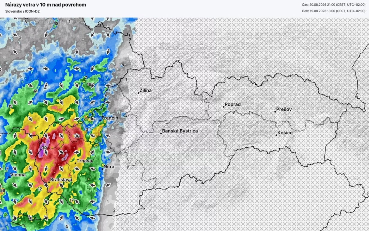 mapa očakávaných nárazov vetra