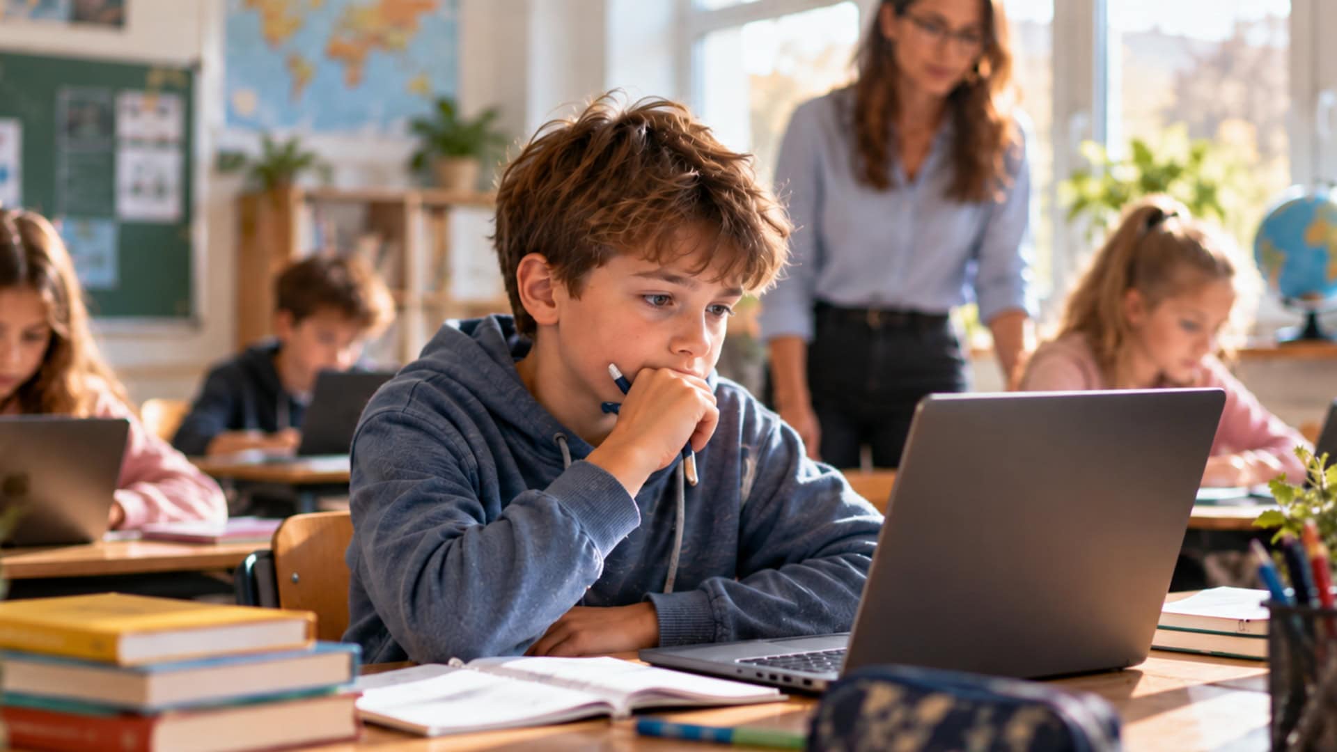 Deti používajúce notebook v triede s učiteľkou v pozadí.