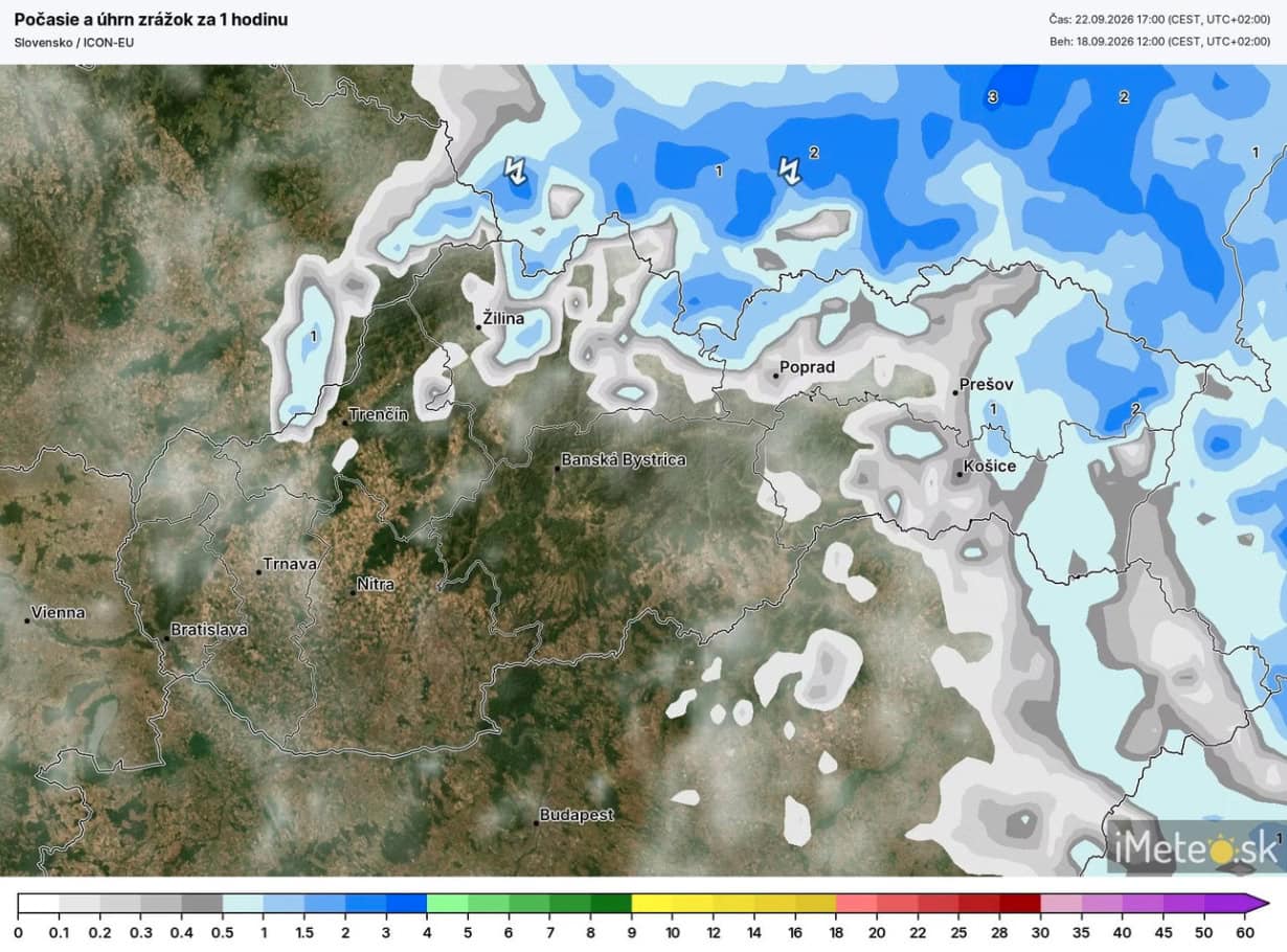 mapa počasia počas utorka ukazuje, že na severe a východe sa očakáva veľmi veľa zrážok