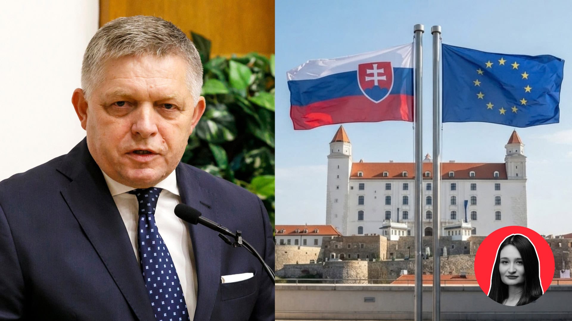 Na snímke Robert Fico a vlajky EÚ a Slovenska.