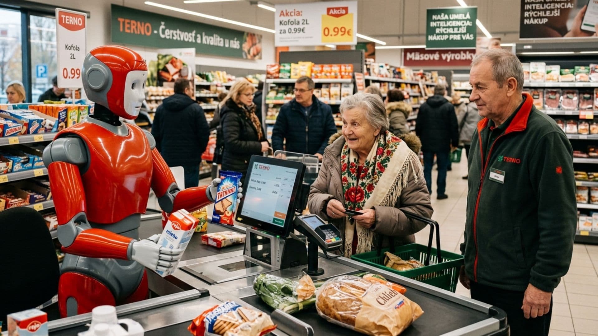 na snimke je umela inteligencia, robot za pokladnou