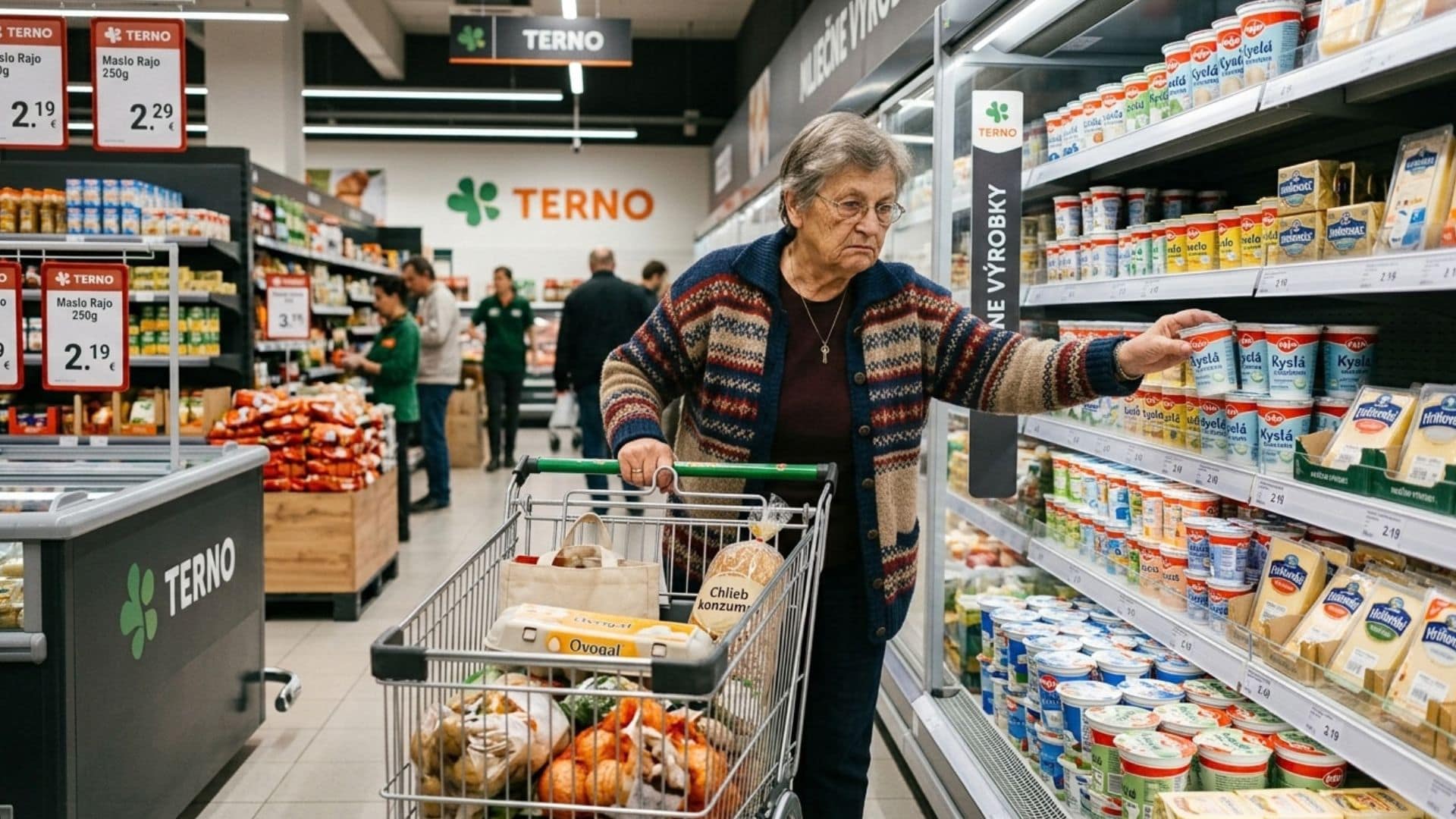 na snimke je dochodkyna, dochodok, nakupy. ceny, supermarket