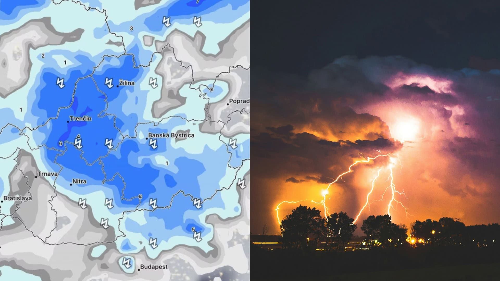 Na snímkach mapa búrok a blesky