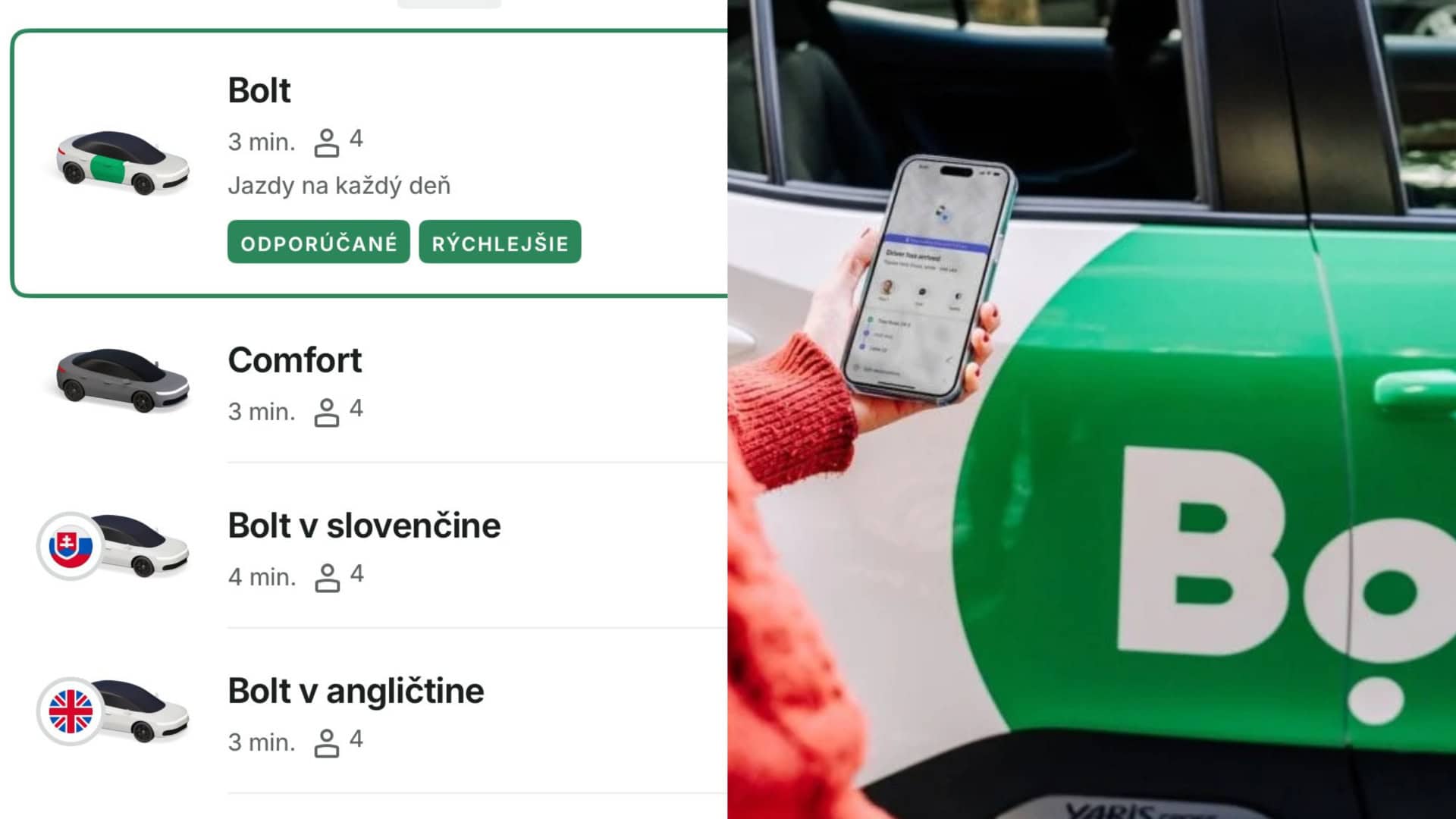 Na snímkach aplikácia a auto Bolt