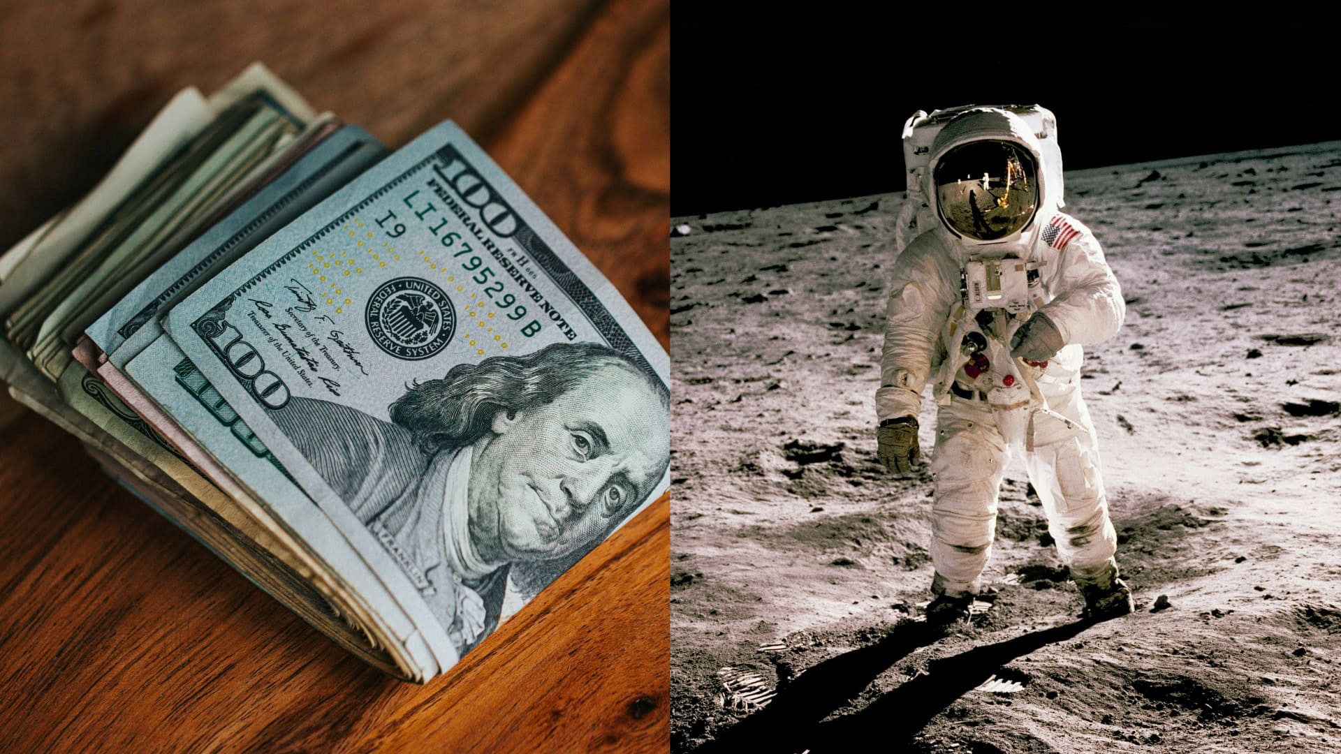 Na snímkach doláre a astronaut na Mesiaci