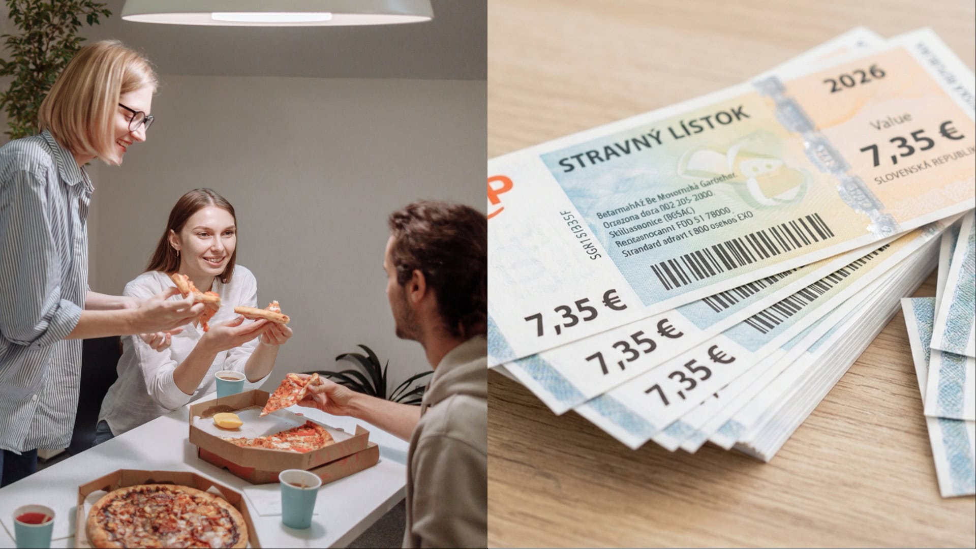 ľudia jedia v práci, stravné lístky