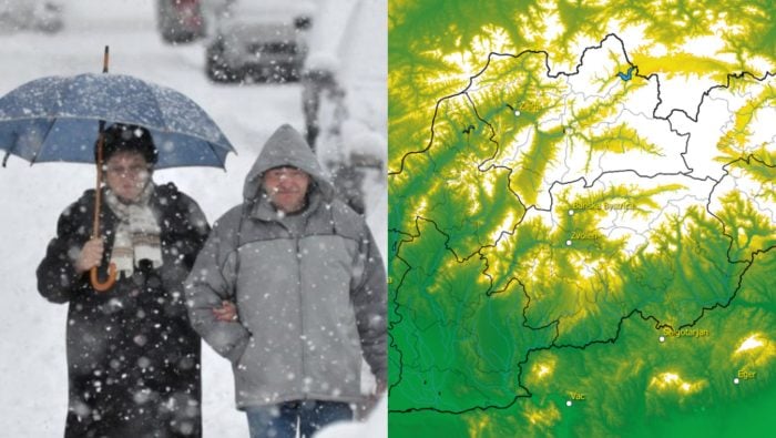Na snímke ľudia, sneh a mapa predpovede počasia