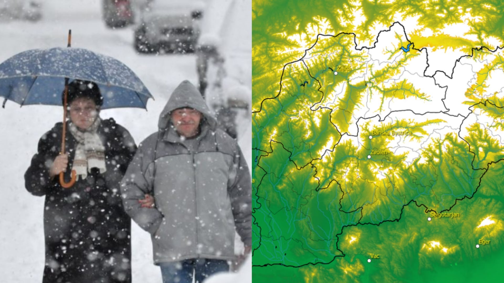 Na snímke ľudia, sneh a mapa predpovede počasia