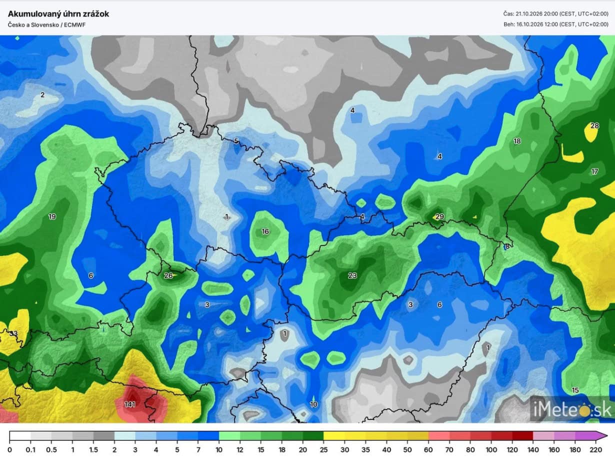 predpoveď zrážok do stredajšieho večera, model ECMWF