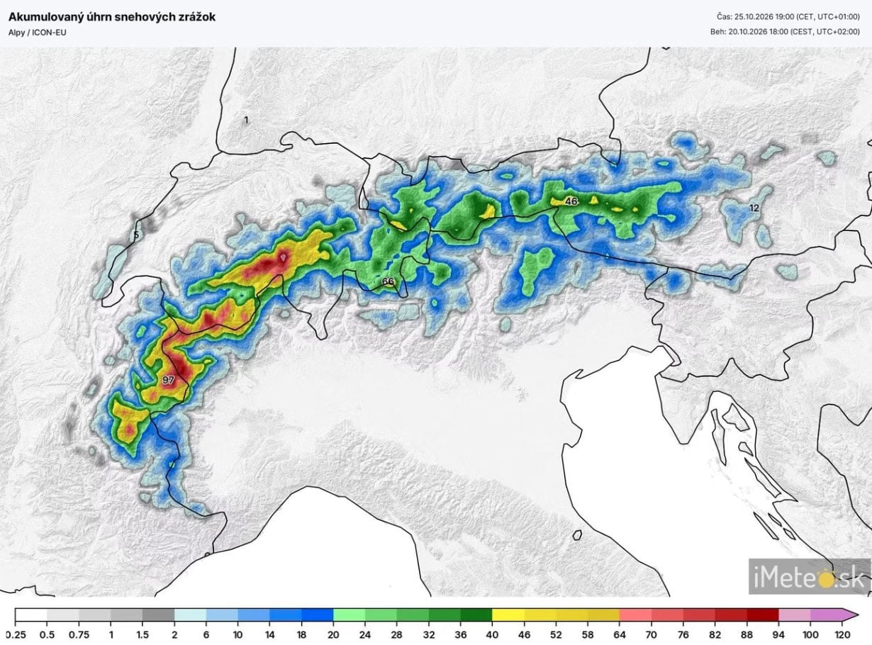 očakávané množstvo snehu do nedeľňajšieho večera